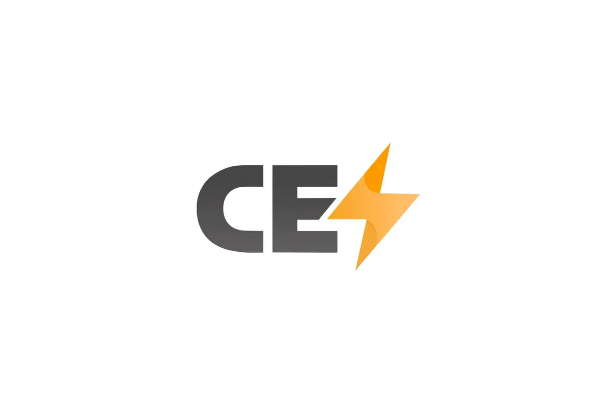 A black and orange logo with a lightning bolt on it.