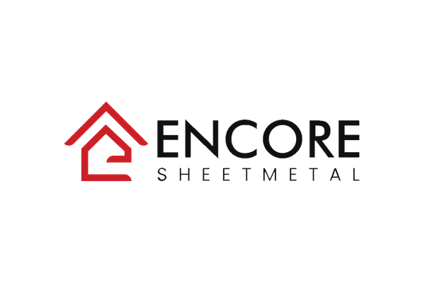 A logo for encore sheetmetal with a red arrow on a white background.