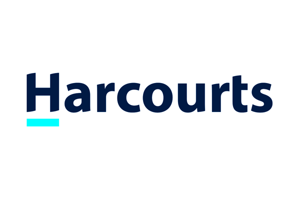 The harcourts logo is a blue and white logo on a white background.