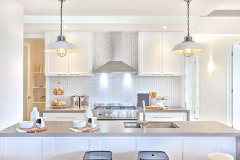 White Concept Kitchen With Hanging Lamp — PKJ Designs in Unanderra, NSW