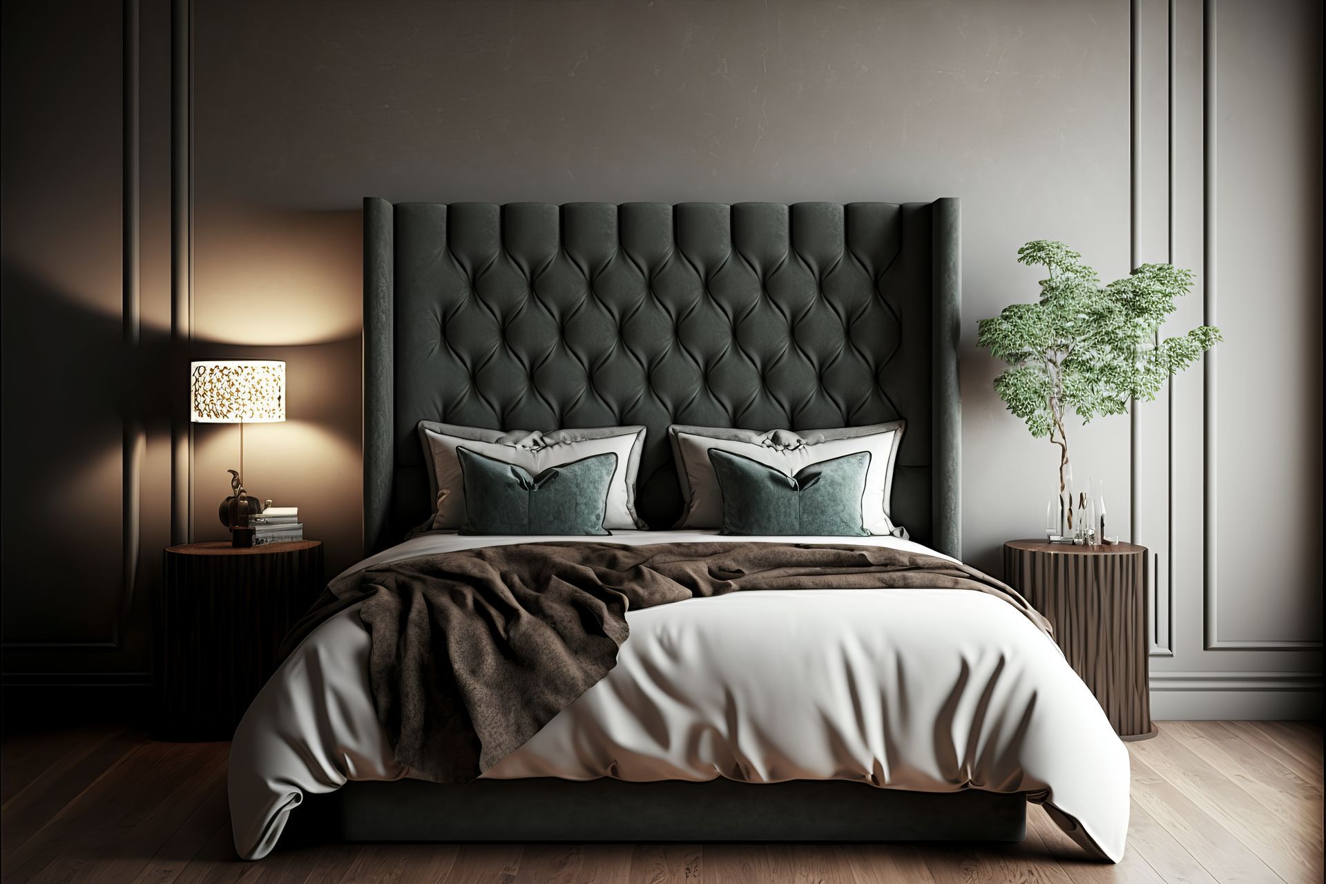 A custom tufted headboard in a relaxing bedroom near Lutherville, Maryland (MD)