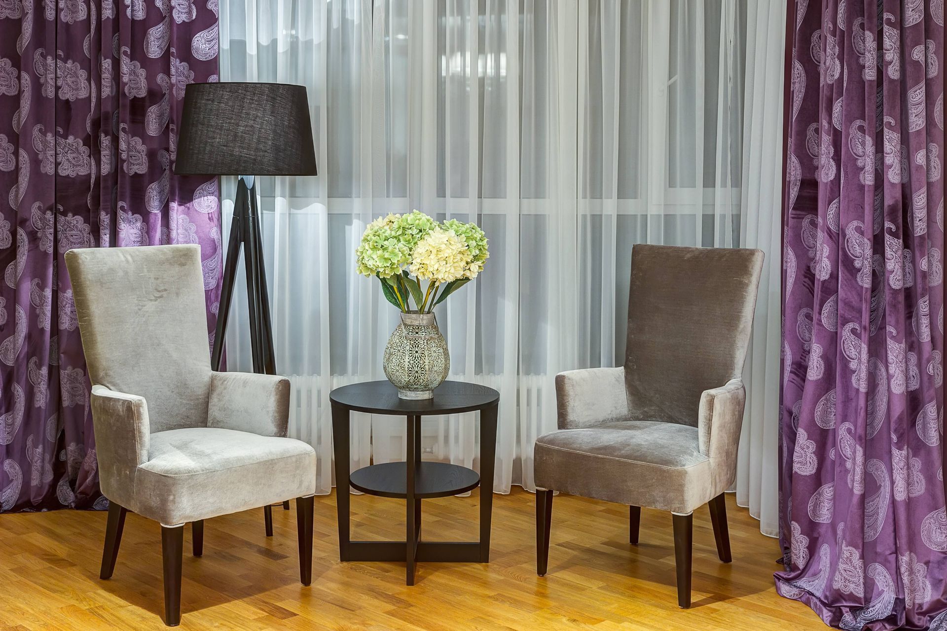 Sitting room window comparing the difference between curtains and drapes near Lutherville, Maryland 