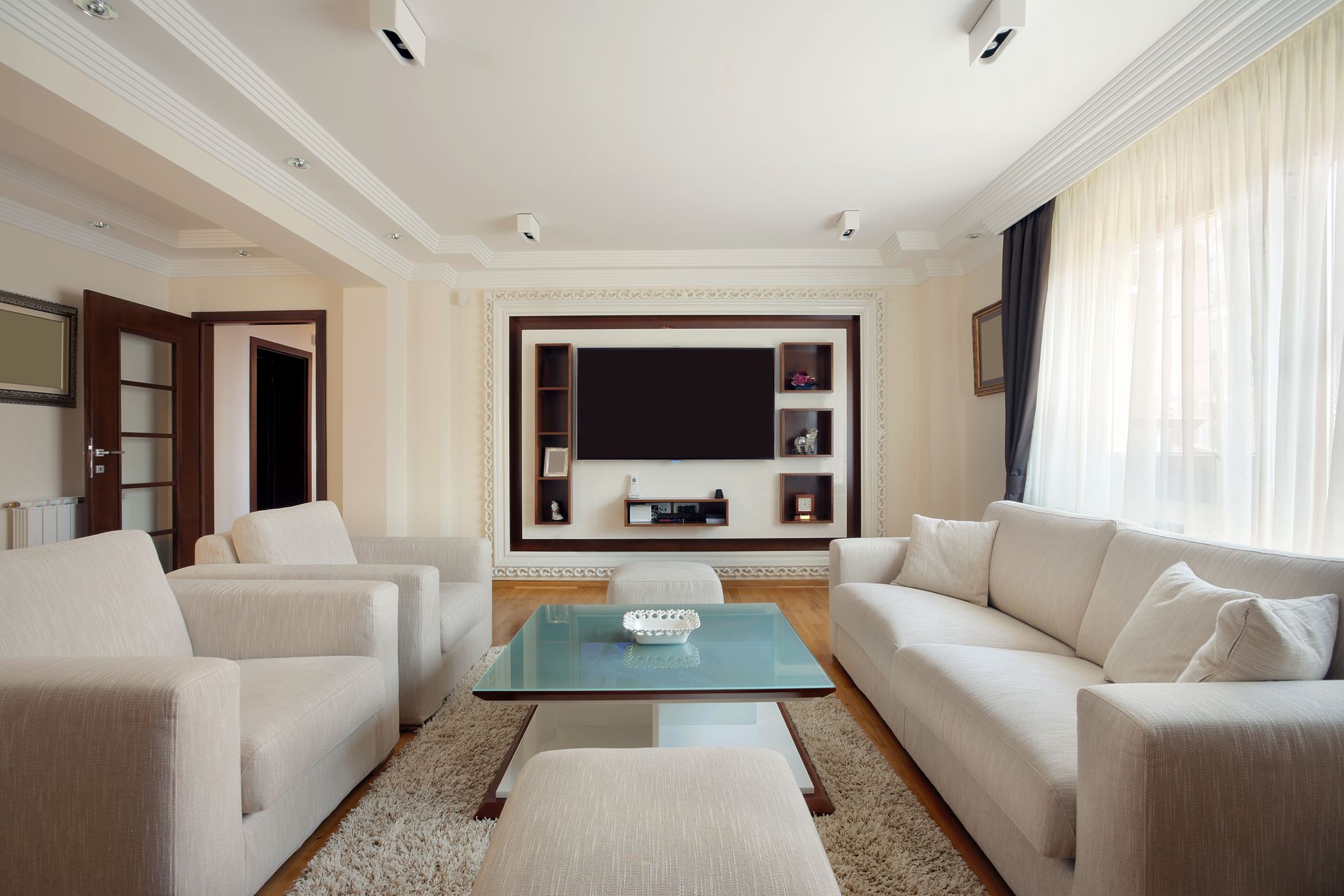 Living room interior with custom drapery