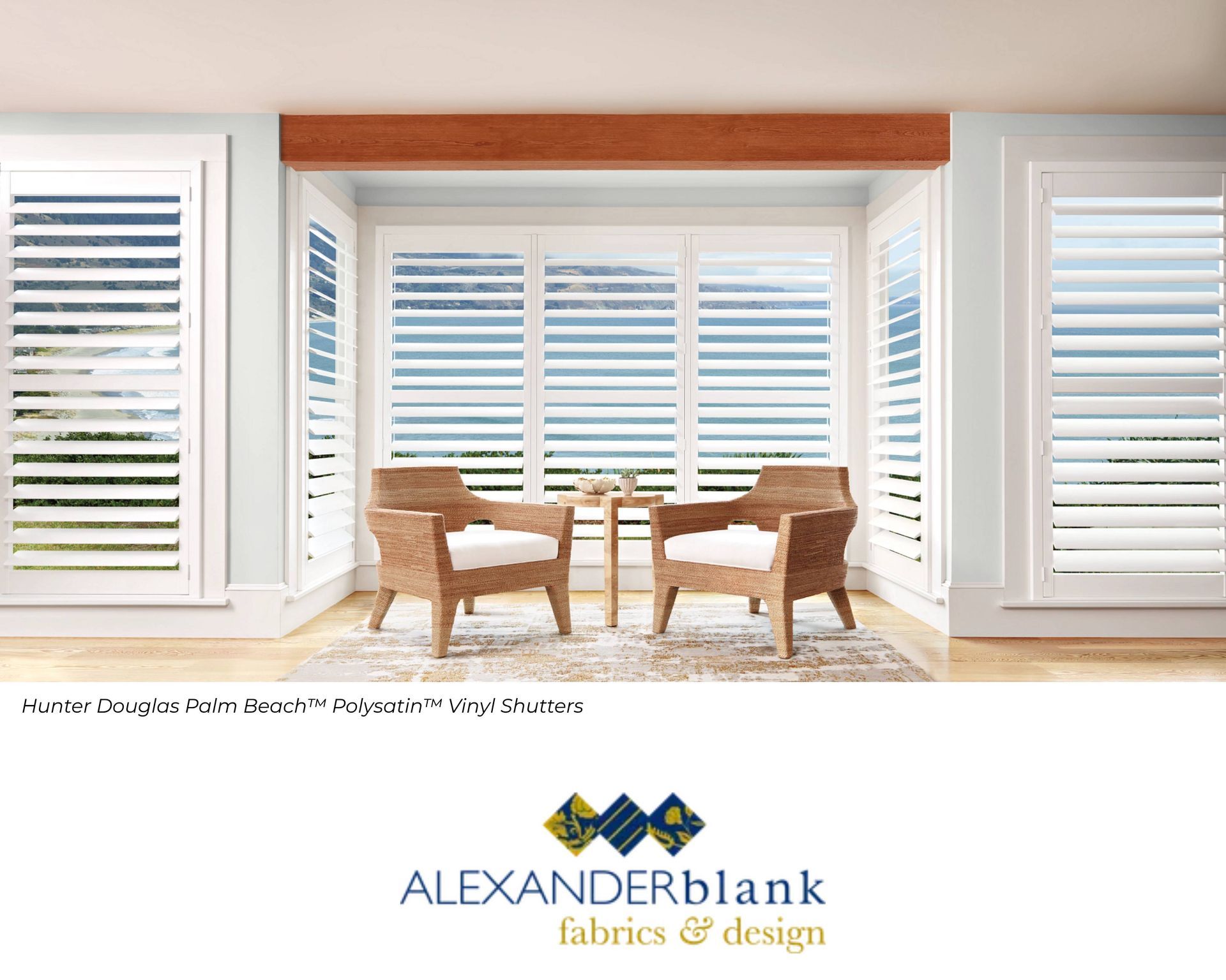 Hunter Douglas Palm Beach™ Polysatin™ Vinyl Shutters on a bay window near Lutherville, Maryland (MD)