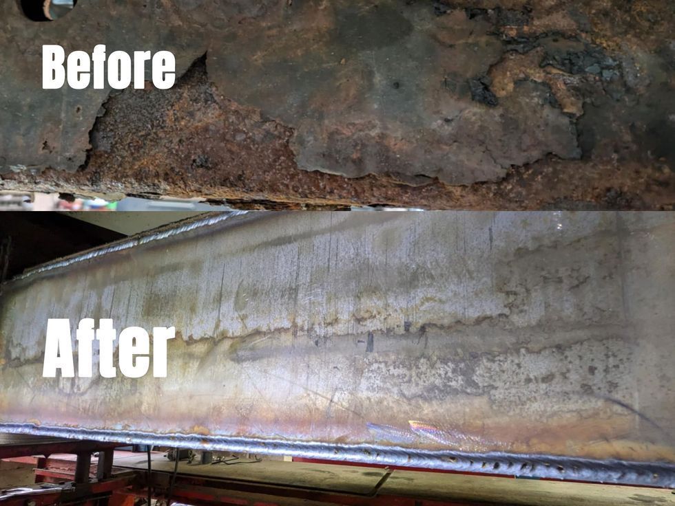 Rust removal on metal beam: Before, showing heavy corrosion; after, cleaned metal with weld marks.