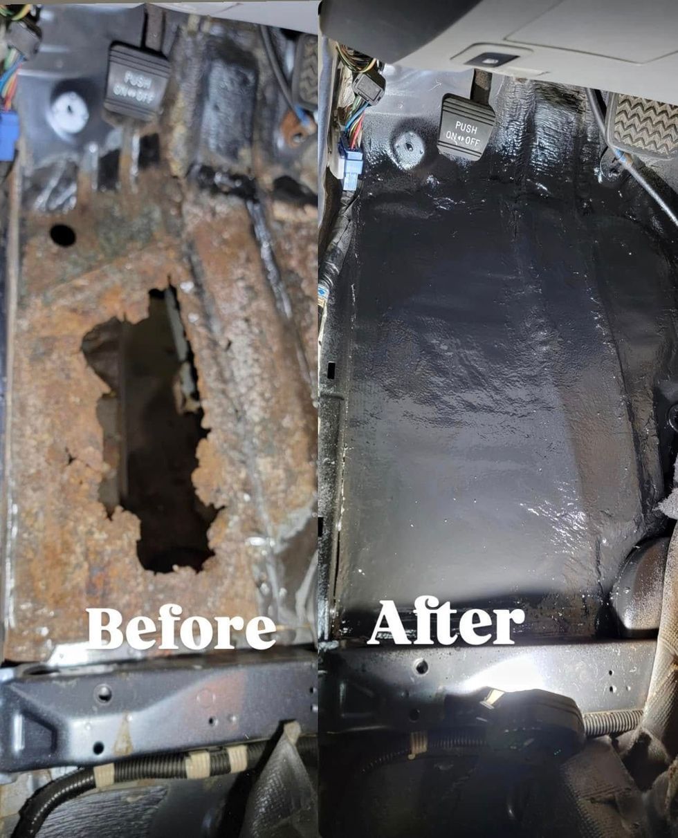 Comparison of a car's rusty floorboard (before) and repaired floorboard, painted black (after).