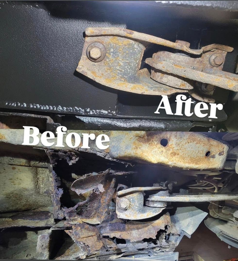 Comparison of rusted vehicle chassis before and after repair.