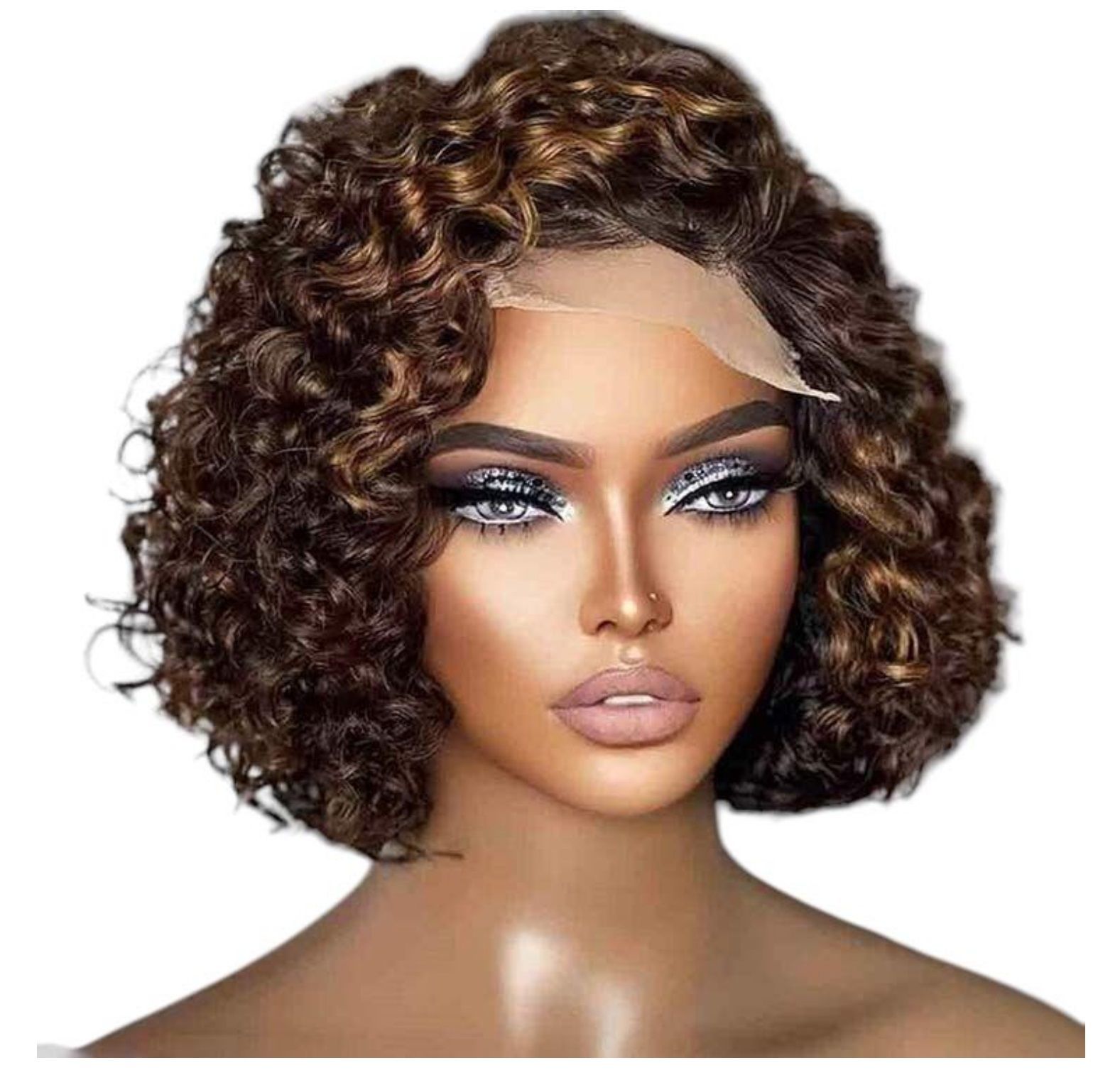 A close up of a woman wearing a curly wig.