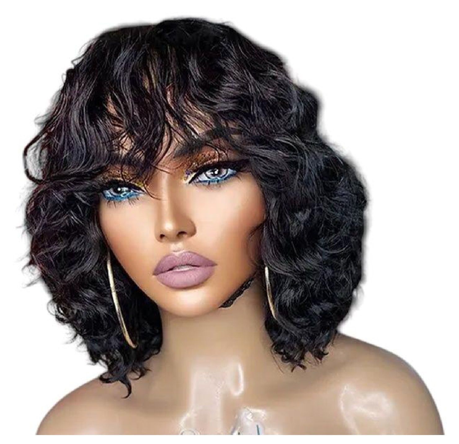 A woman wearing a curly wig with bangs and earrings.