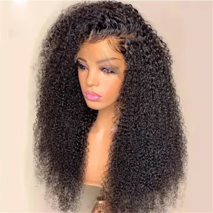 A woman is wearing a curly lace front wig on a mannequin.