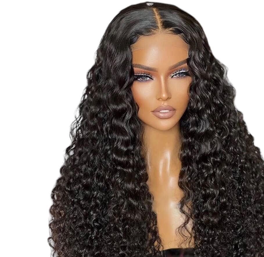 A woman is wearing a curly wig on a mannequin.