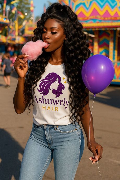Woman eating cotton candy at a carnival, holding a purple balloon; she's wearing a branded shirt and jeans.