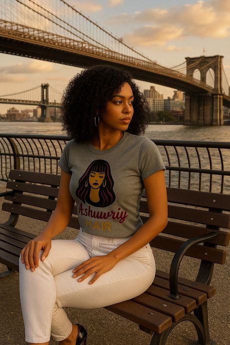 Woman in gray shirt with illustration sits on bench with Brooklyn Bridge in background.