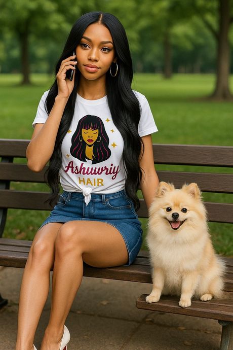 Woman with long black hair, in a park, talking on the phone with a small dog. Wearing a white t-shirt and denim skirt.