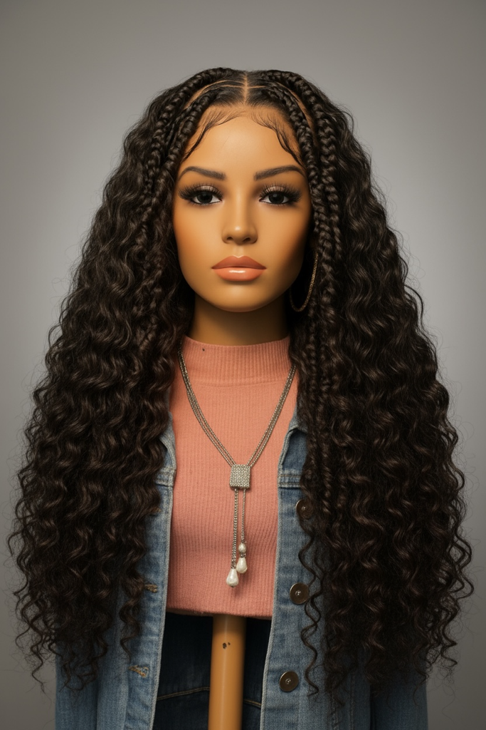 Woman's mannequin head with long, dark, braided curly hair. She wears a pink top, denim jacket, and necklace.