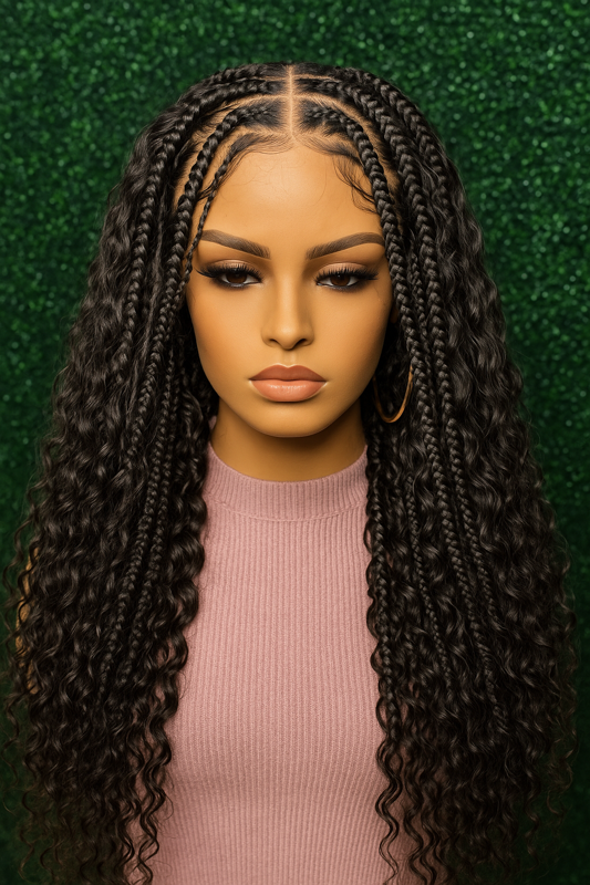 Woman with long braided hair and curly ends, wearing a pink top, against a green background.