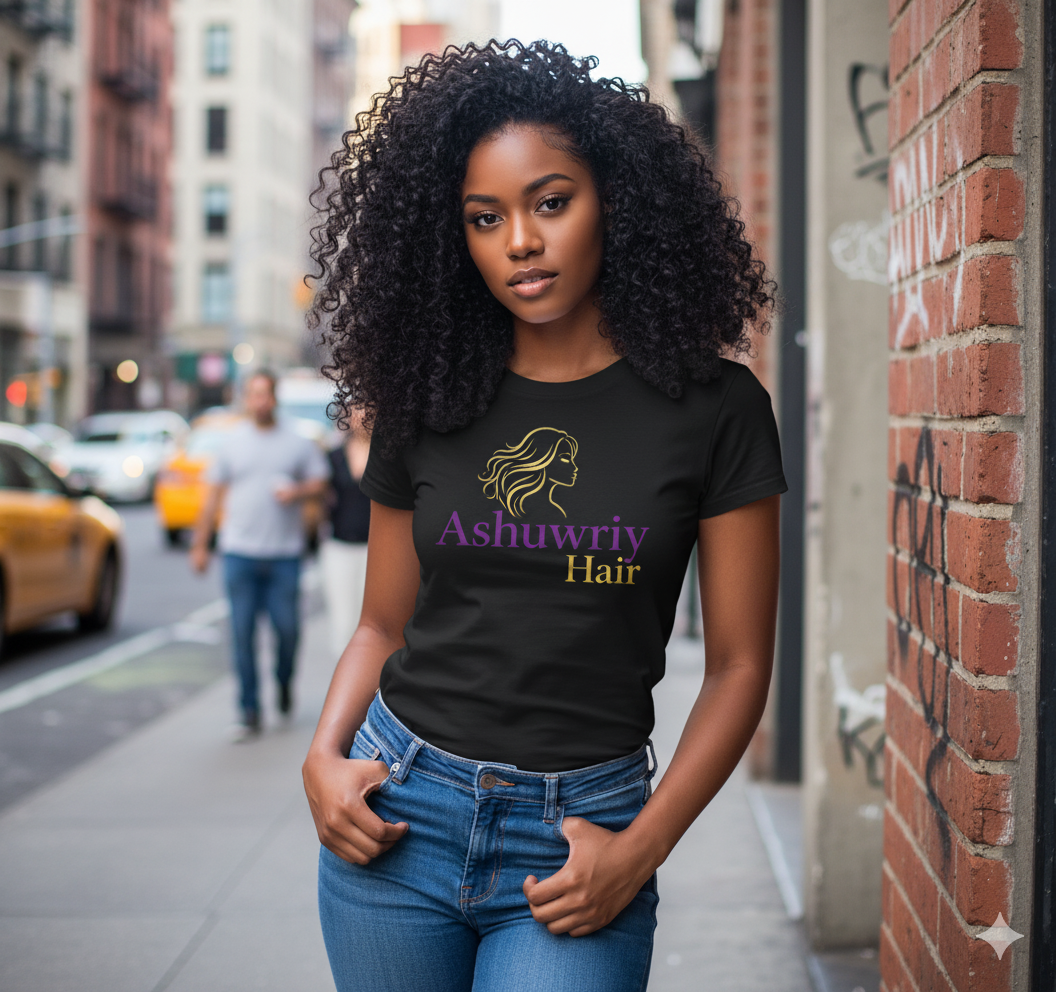 Woman with curly hair wearing a black t-shirt and jeans stands on a city street.