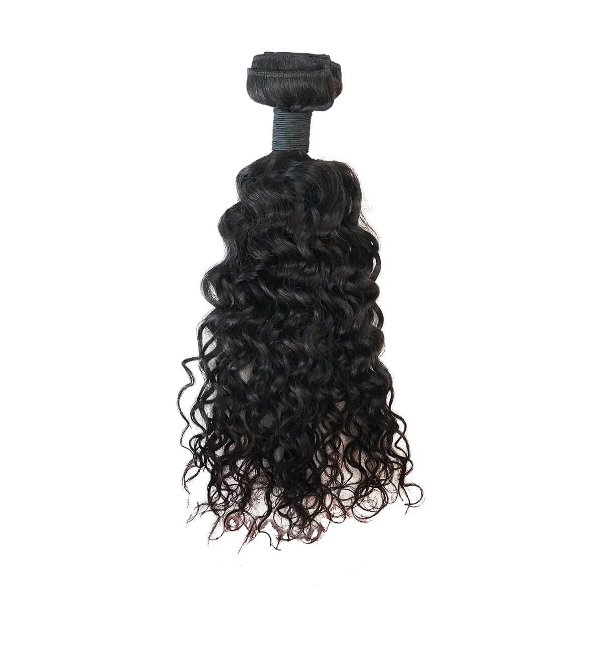 A close up of a bundle of curly hair on a white background.