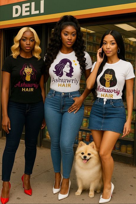 Three women wearing t-shirts with a hair logo, posing outside a deli with a dog.