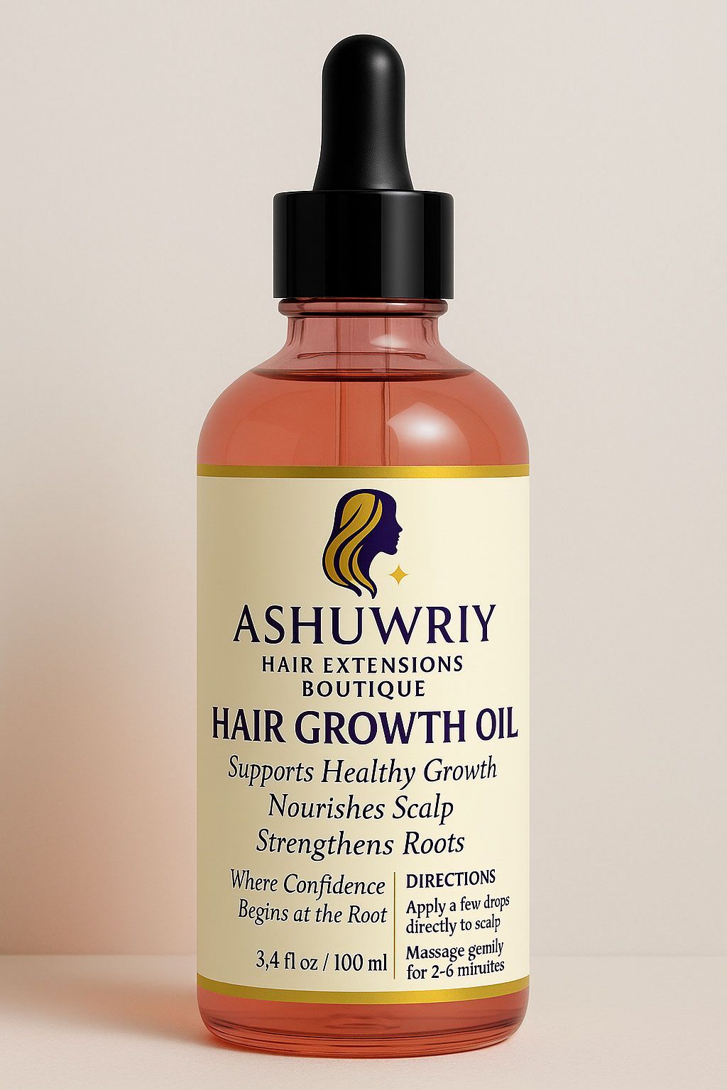 Bottle of Ashuwriy Hair Growth Oil with a dropper, light peach liquid and a cream label.