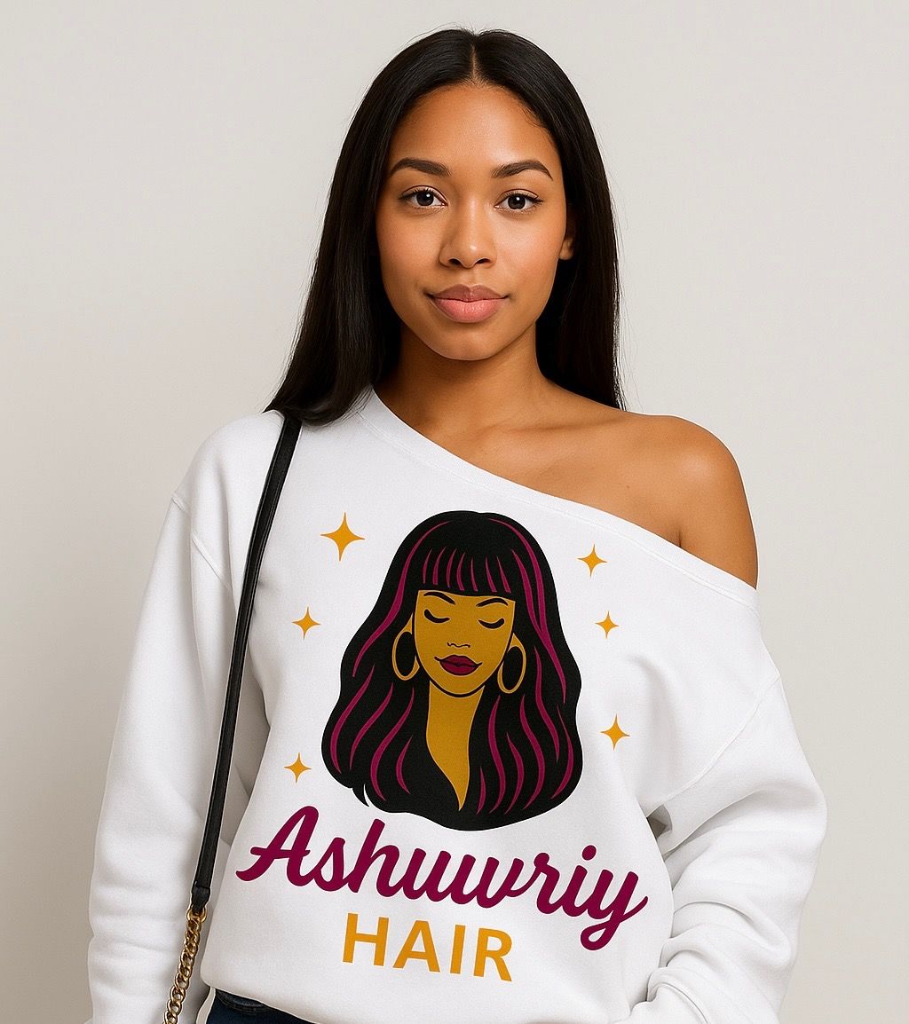 Woman wearing a white off-shoulder sweatshirt