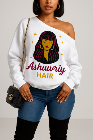 Woman wearing a white off-shoulder sweatshirt