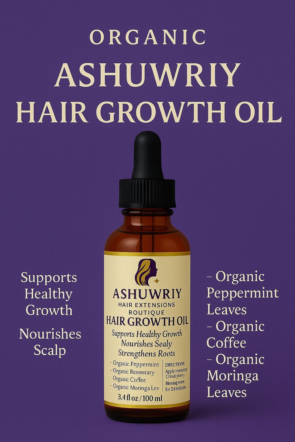 Bottle of Ashuwriy organic hair growth oil. Purple background. Contains peppermint, coffee, and moringa leaves.