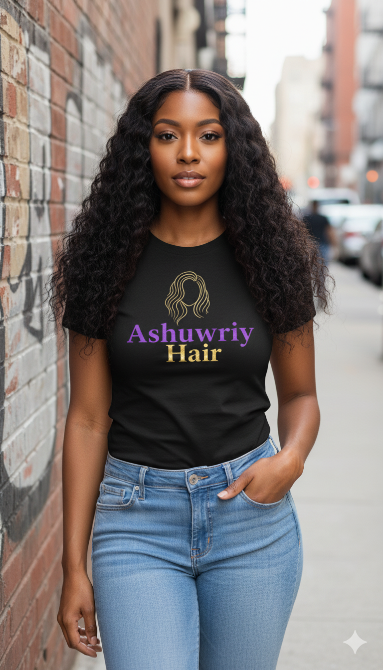 Woman with long, curly black hair wearing a black t-shirt and jeans, standing on a city street.