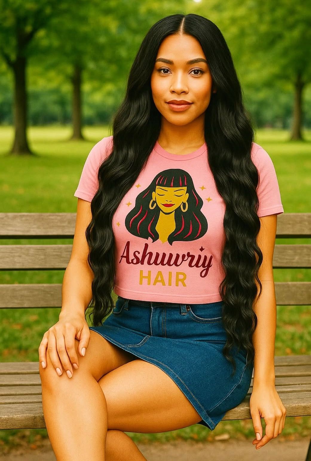 Woman with long black hair in pink tee and denim skirt, sitting on park bench.