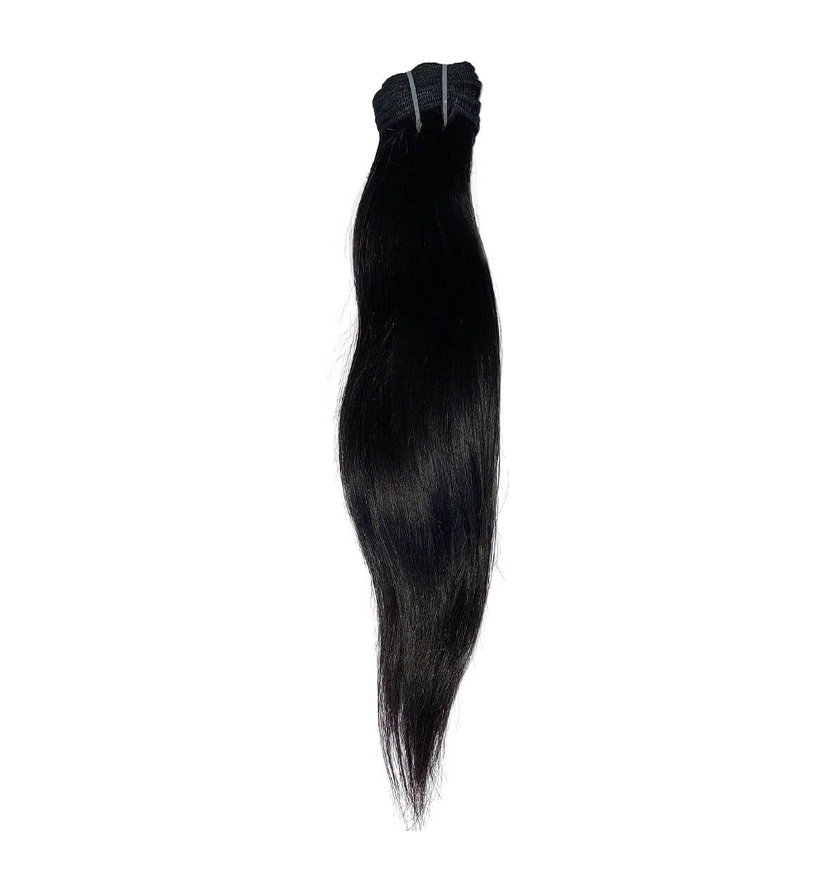 A close up of a piece of black hair on a white background.