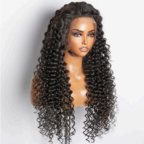 A wig with curly hair is on a mannequin head.