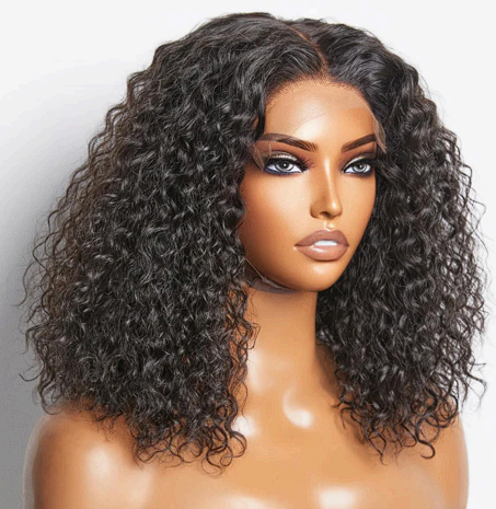 A woman with curly hair is wearing a lace front wig.