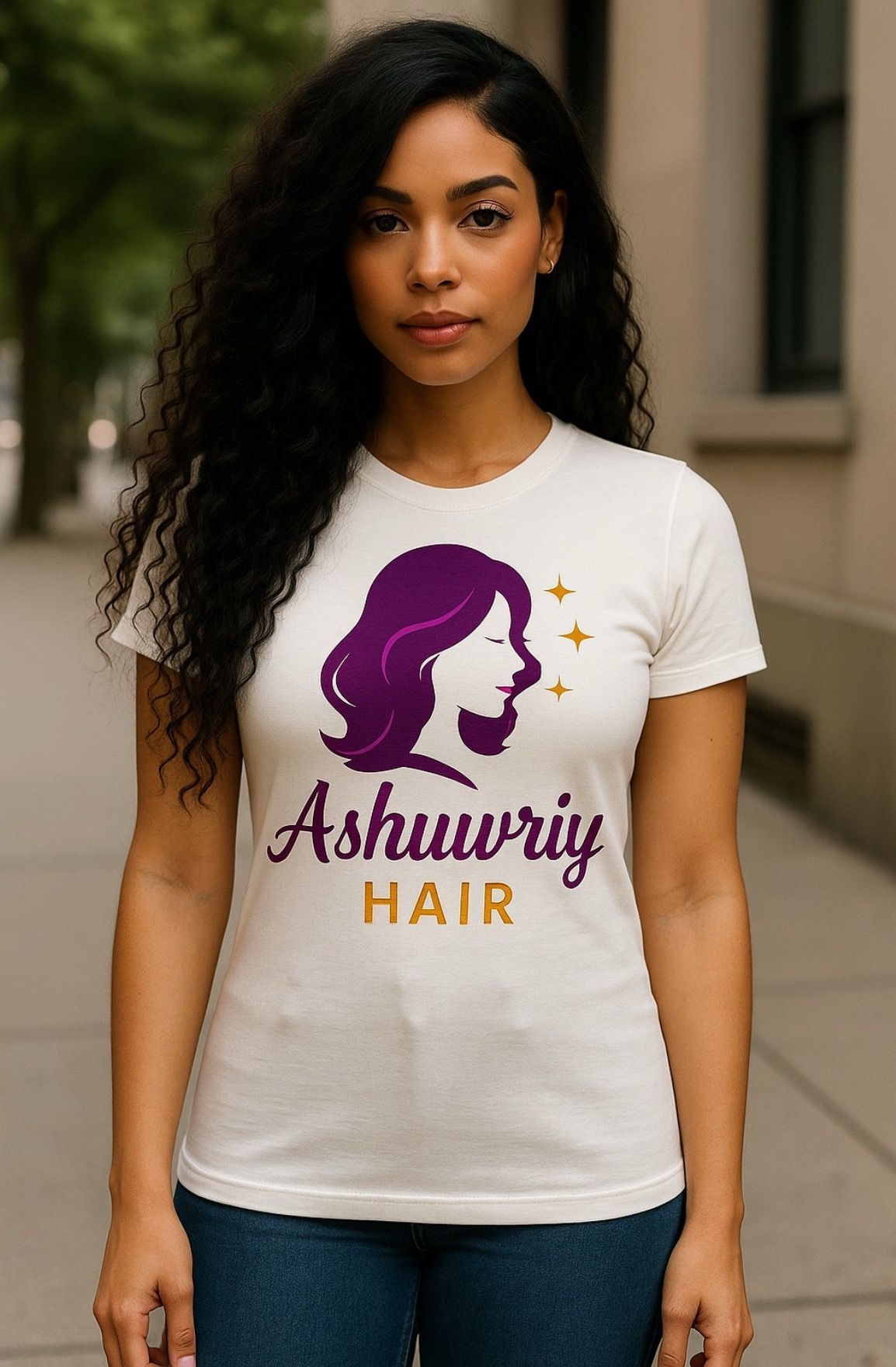 Woman wearing a cream t-shirt with a purple Ashwriy Hair logo, standing outdoors.
