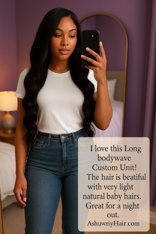 Woman with long wavy hair, wearing a white shirt and jeans, taking a mirror selfie.