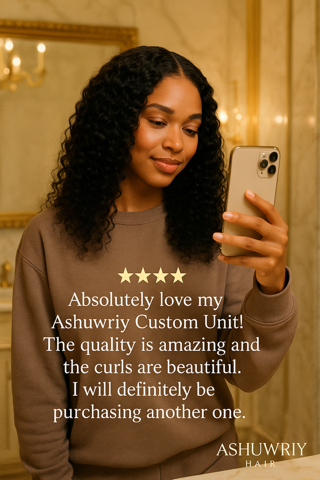 Woman with curly hair taking a selfie, wearing a brown sweatshirt; text praises the Ashuwriy Custom Unit.