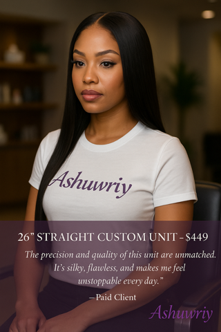 Woman with straight black hair wearing a white t-shirt. Advertisement for Ashuwriy, a hair unit company.