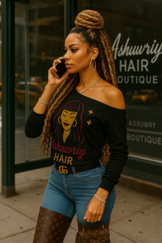 Woman on phone wearing off-shoulder top, jeans, and brown boots outside a hair boutique.