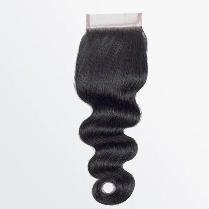 A piece of hair with a lace closure on a white background.
