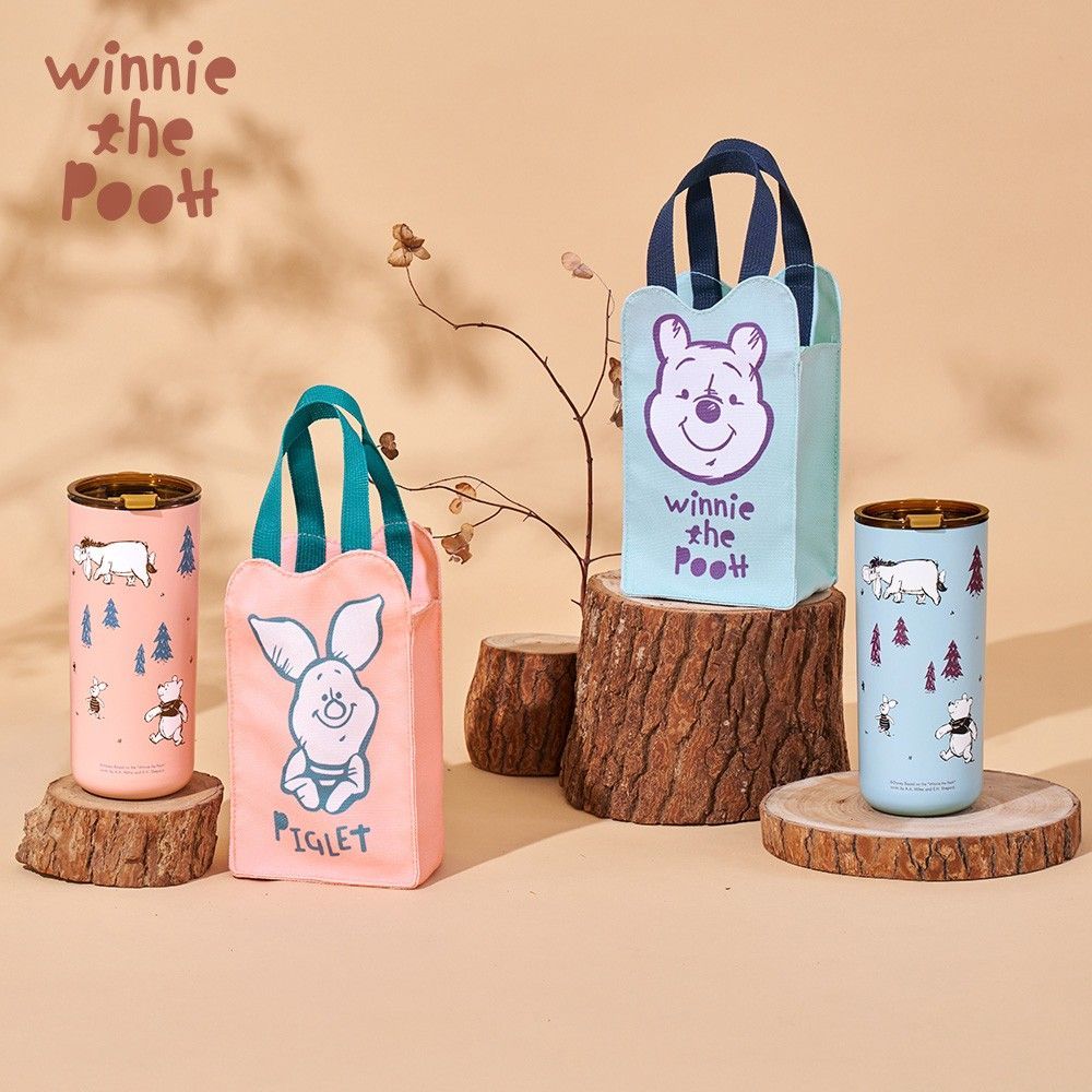 Disney迪士尼 森悠維尼 不銹鋼保溫真空雙飲杯提袋組600m-粉色