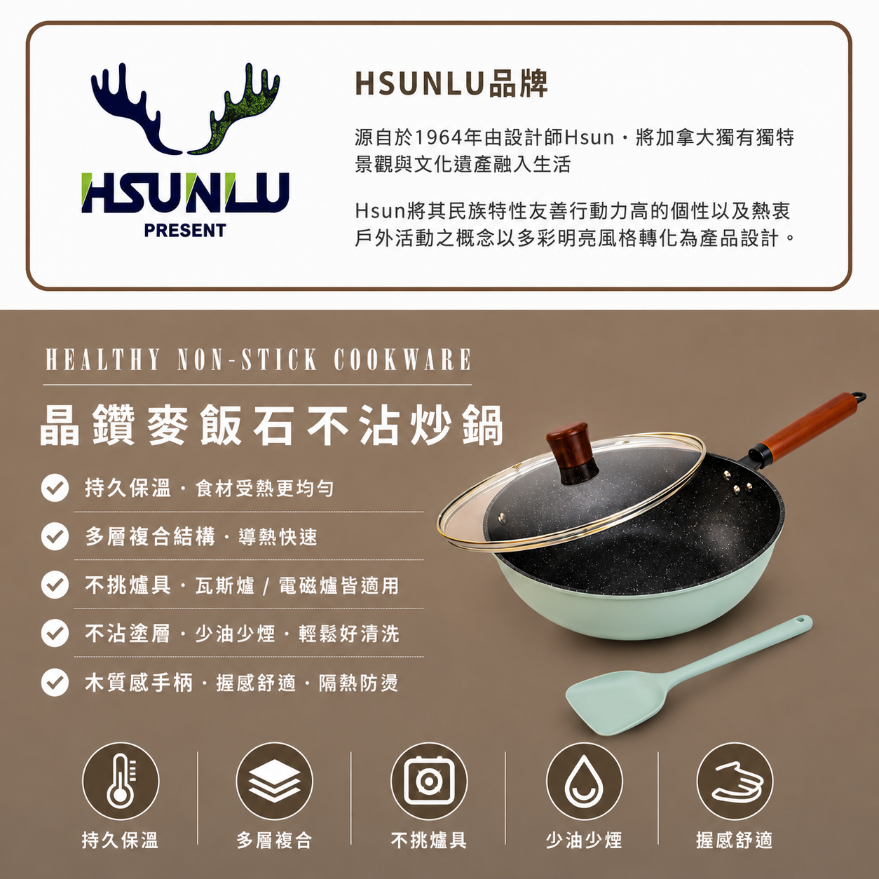 HSUNLU 晶鑽麥飯石不沾炒鍋