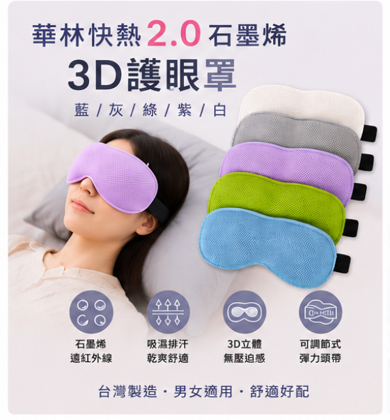 台灣製 華楙快熱2.0石墨烯3D護眼罩(藍/灰/綠/紫/白)