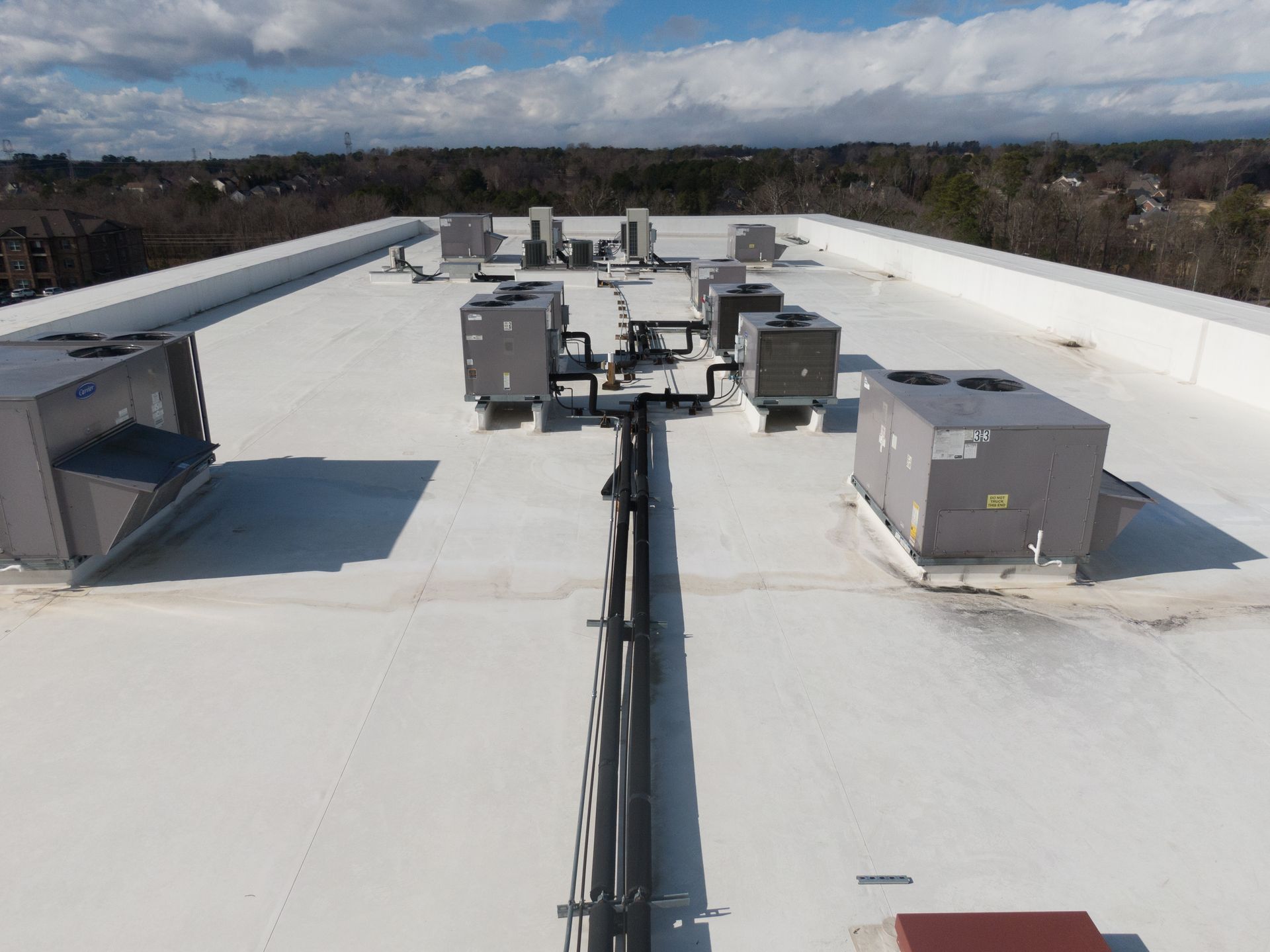 Drone photo of TPO commercial roofing. Drone photo of TPO commercial roofing.