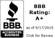 BBB logo with an A+ rating, accredited business. Rating as of September 17, 2015.