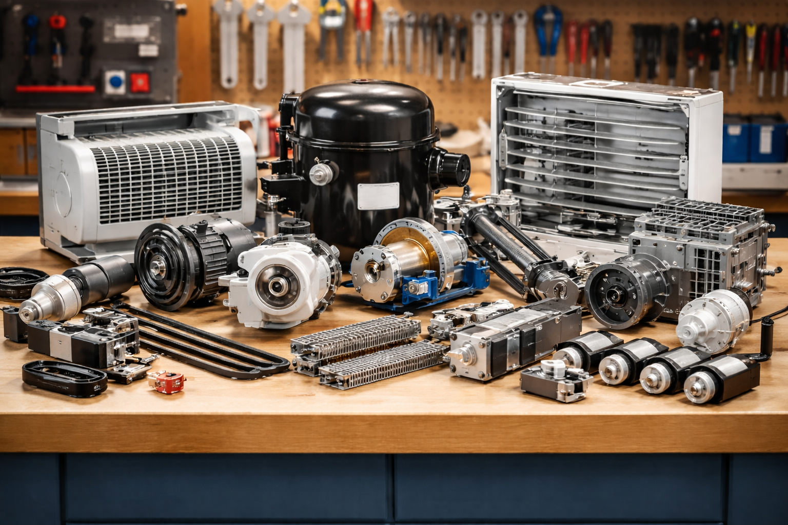 A wide variety of automotive and mechanical parts, including a compressor and motor components, on a workshop workbench.