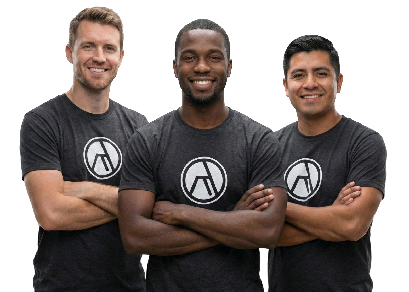 Three people in gray shirts with arms crossed, smiling, logo visible.