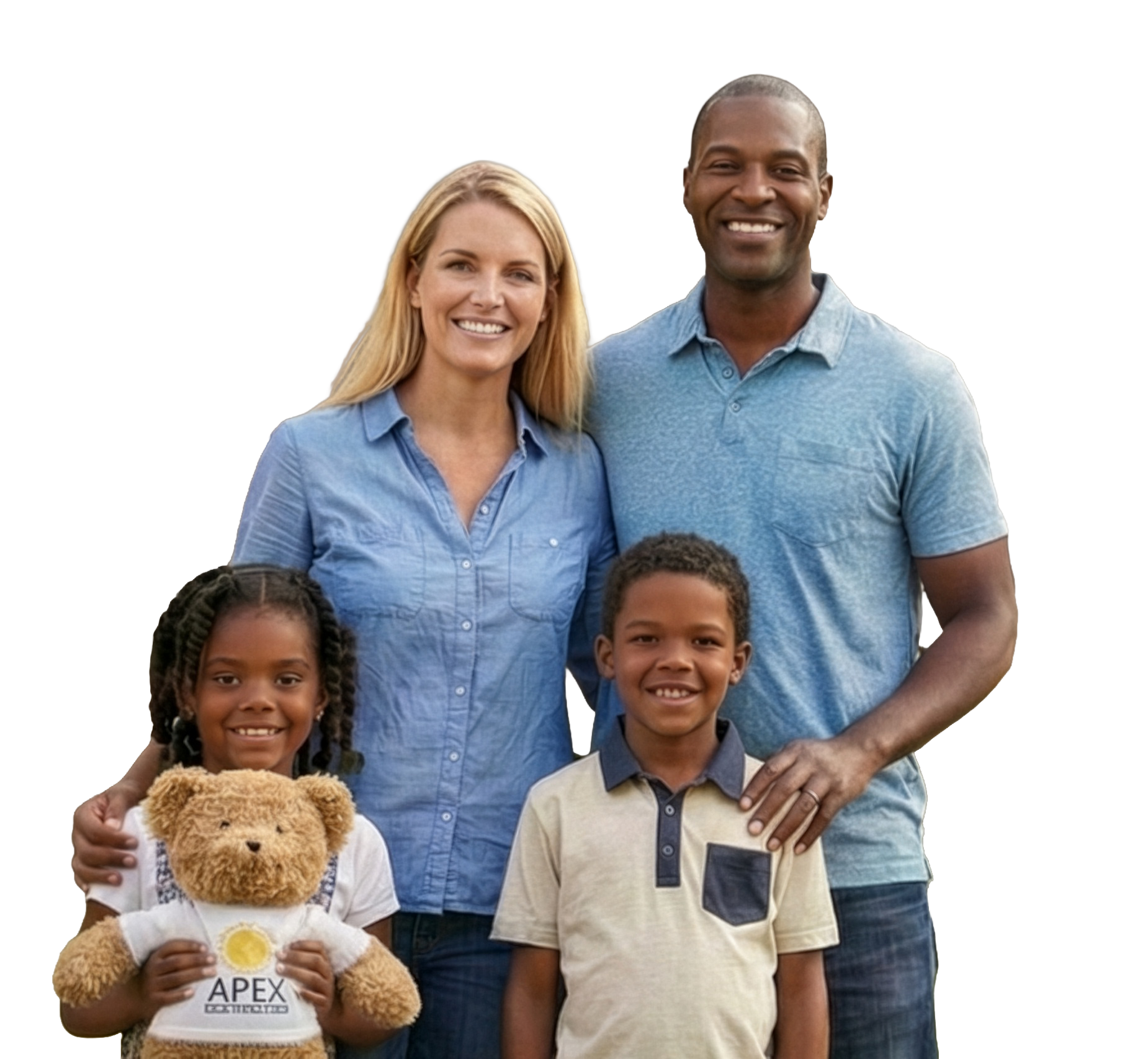 Family of four smiling, posing for a photo. A child holds a teddy bear.