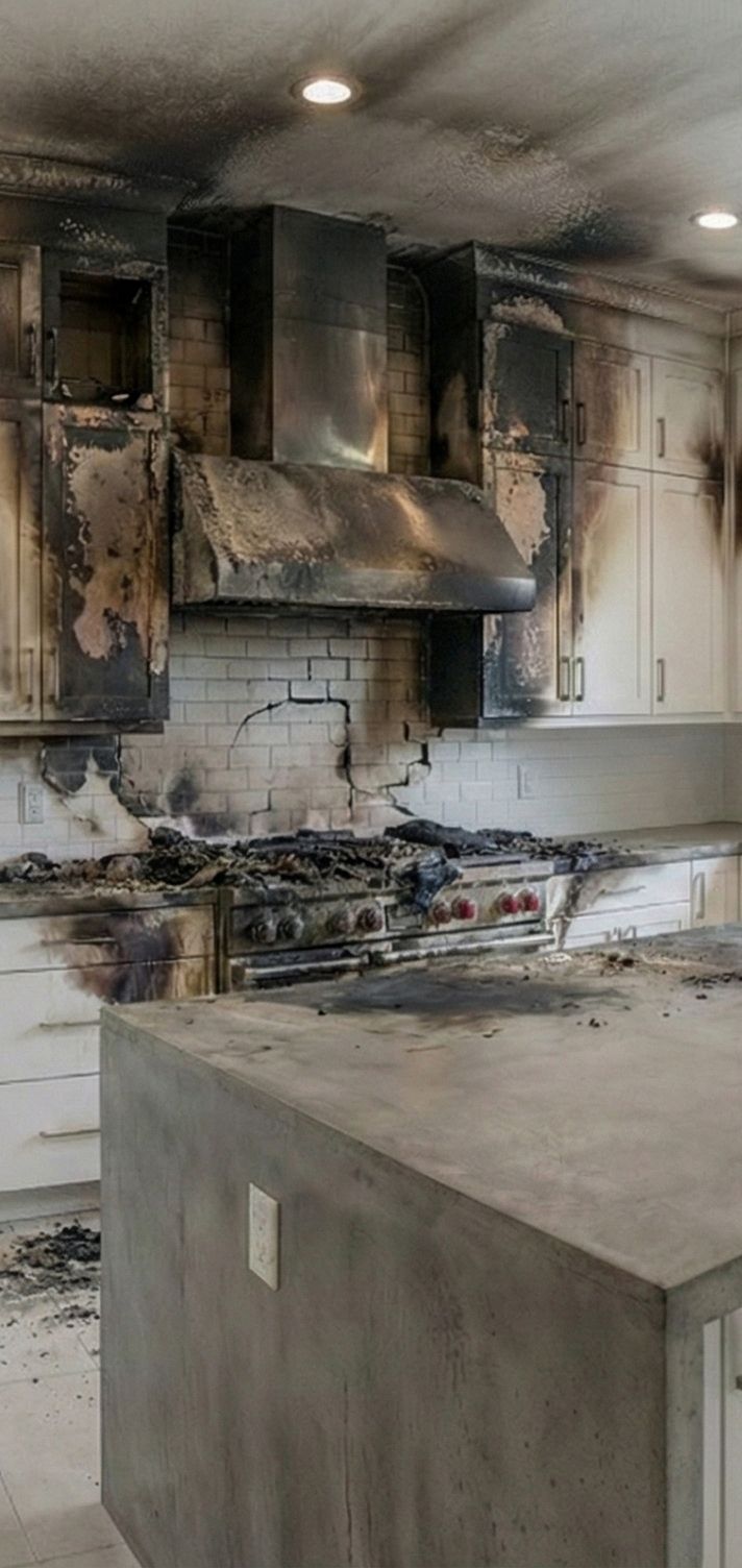 A kitchen severely damaged by fire; appliances and cabinets are charred and soot-covered.