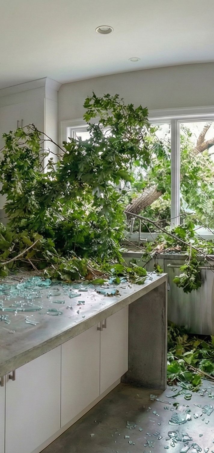 Interior damage: a tree crashed through a window and into a kitchen. Shattered glass covers the countertop.