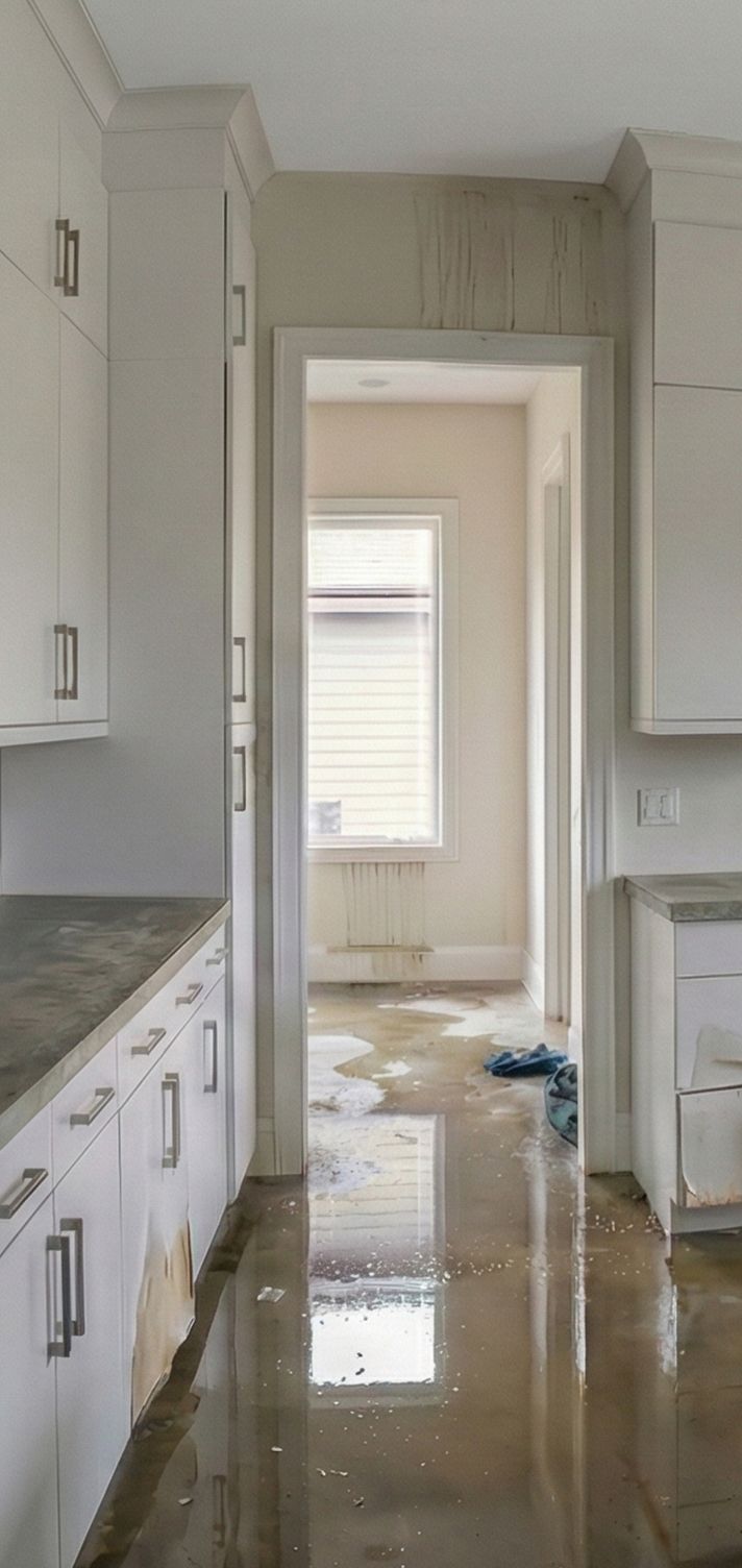 Interior flooded with water, hallway visible, white cabinets, and water damage.