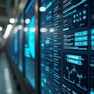 Row of digital displays, emitting a blue glow, displaying data and charts in a data center.